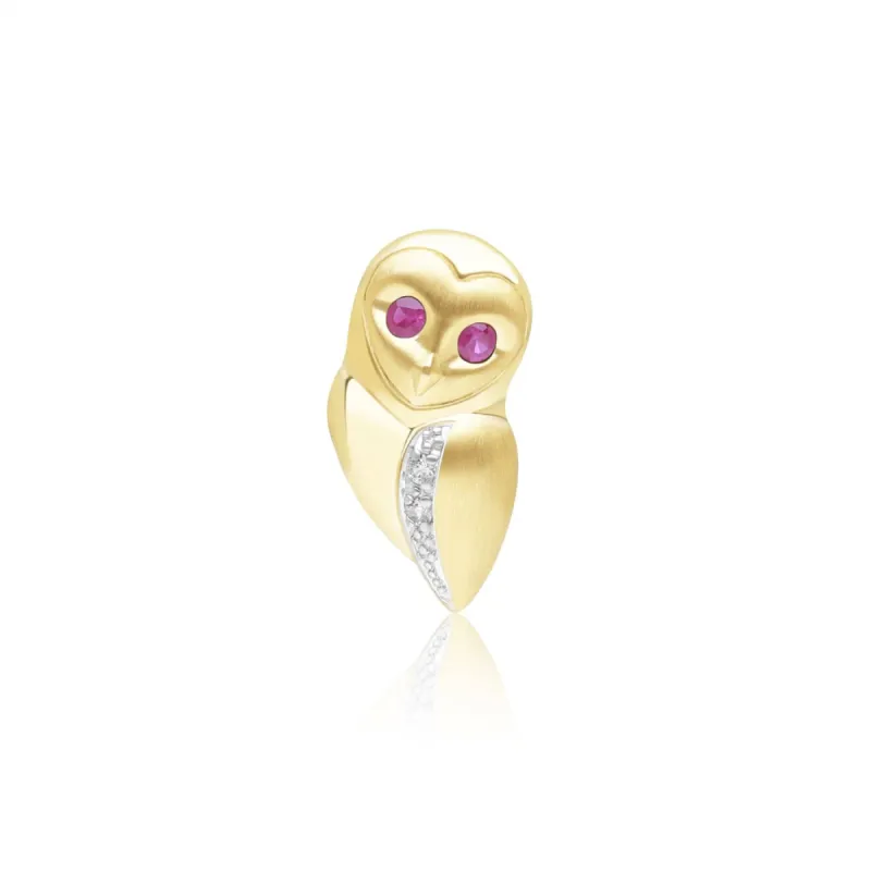 Gardenia Ruby and White Sapphire Owl Pin in 9ct Yellow Gold sold by Gemondo Jewellery