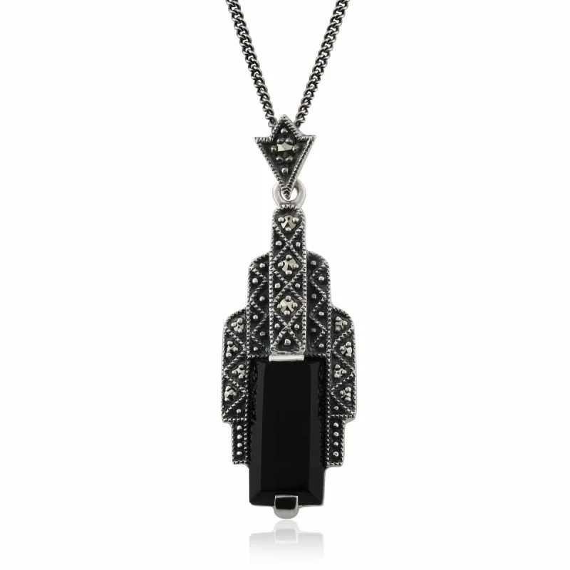 Art Deco Style Rectangle Black Onyx Cabochon & Marcasite Necklace In Sterling Silver sold by Gemondo Jewellery