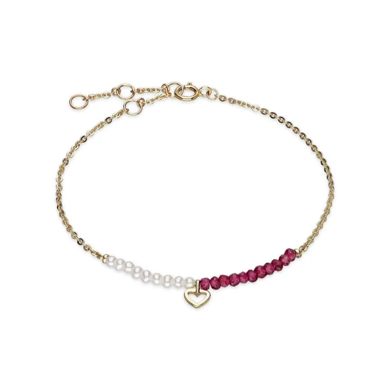Cultured Freshwater Pearl & Rhodolite Heart Bracelet In 9ct Yellow Gold sold by Gemondo Jewellery