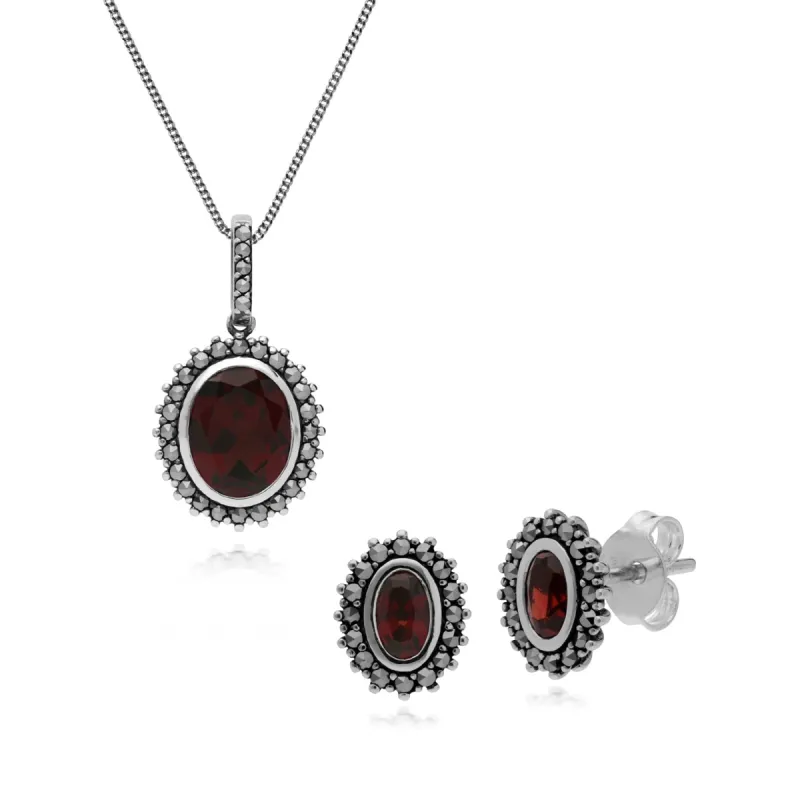 Art Deco Style Oval Garnet & Marcasite Halo Stud Earrings & Pendant Set in 925 Sterling Silver sold by Gemondo Jewellery