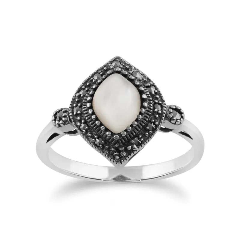 Gemondo 925 Sterling Silver 1.00ct Mother of Pearl & Marcasite Art Deco Ring sold by Gemondo Jewellery