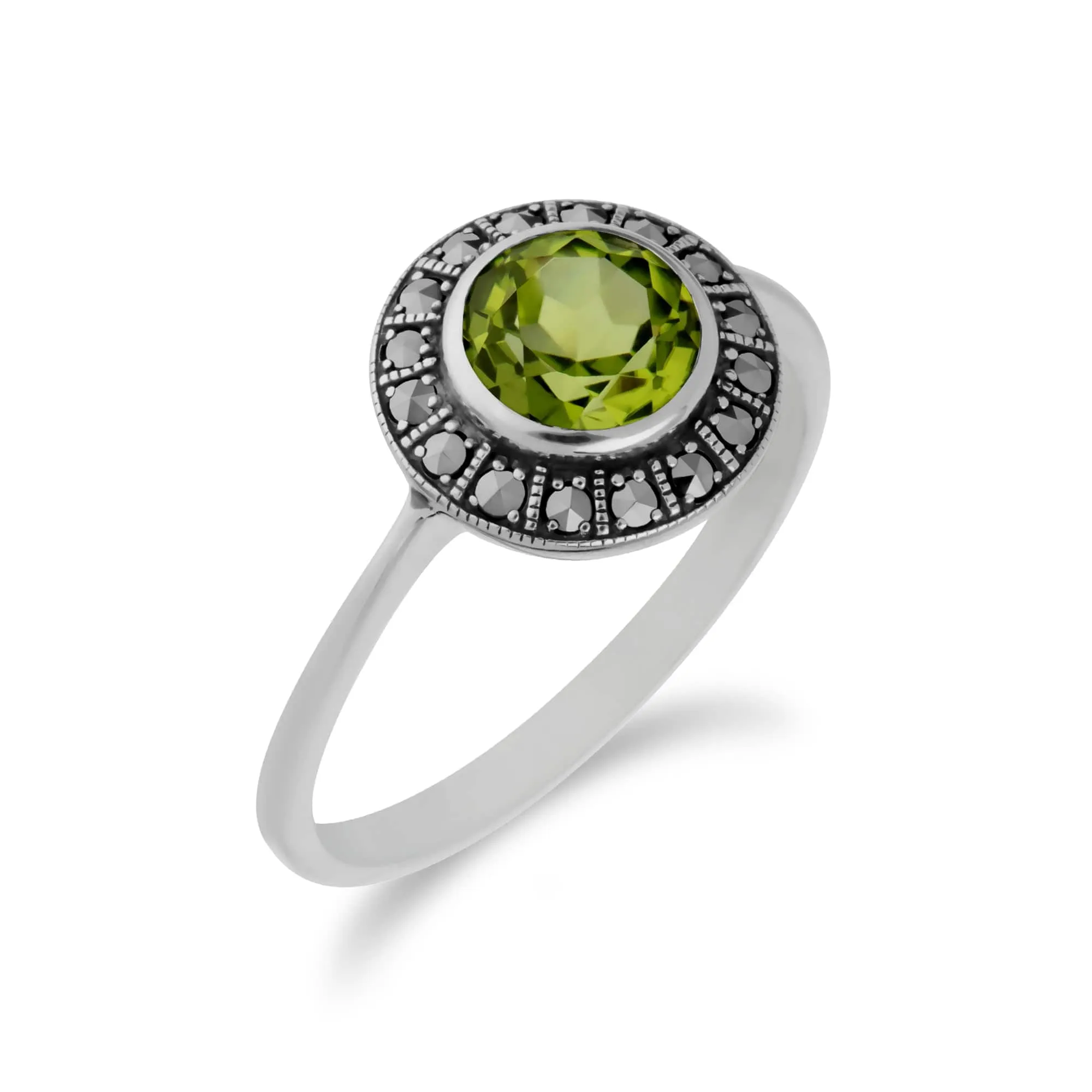 Art Deco Style Round Peridot & Marcasite Halo Ring in 925 Sterling Silver sold by Gemondo Jewellery product image thumbnail 2