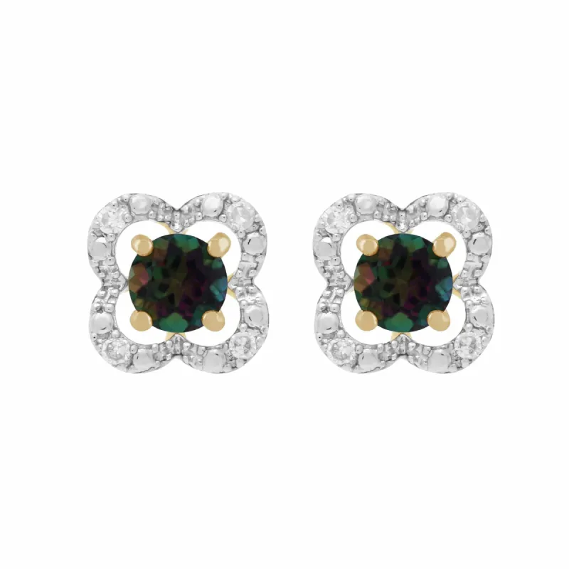 Classic Round Mystic Topaz Studs with Detachable Diamond Floral Ear Jacket in 9ct Yellow Gold sold by Gemondo Jewellery