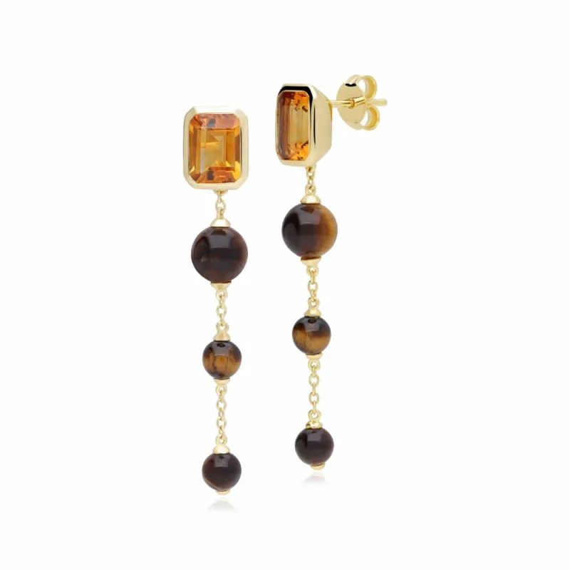 ECFEW™ Unifier Citrine & Tiger's Eye Dangle Drop Earrings In Yellow Gold Plated Silver sold by Gemondo Jewellery