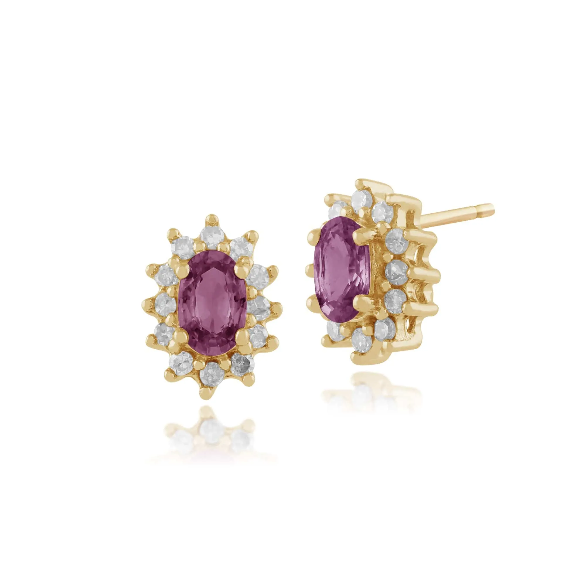 Classic Oval Pink Sapphire & Diamond Cluster Stud Earrings in 9ct Yellow Gold sold by Gemondo Jewellery