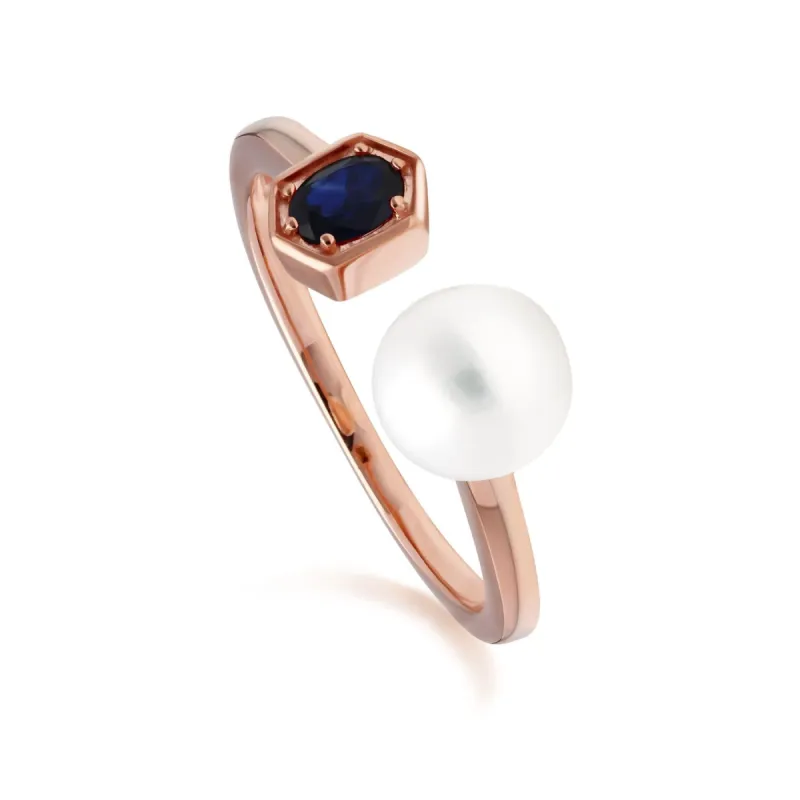 Modern Pearl & Sapphire Open Ring in Rose Gold Plated Silver sold by Gemondo Jewellery