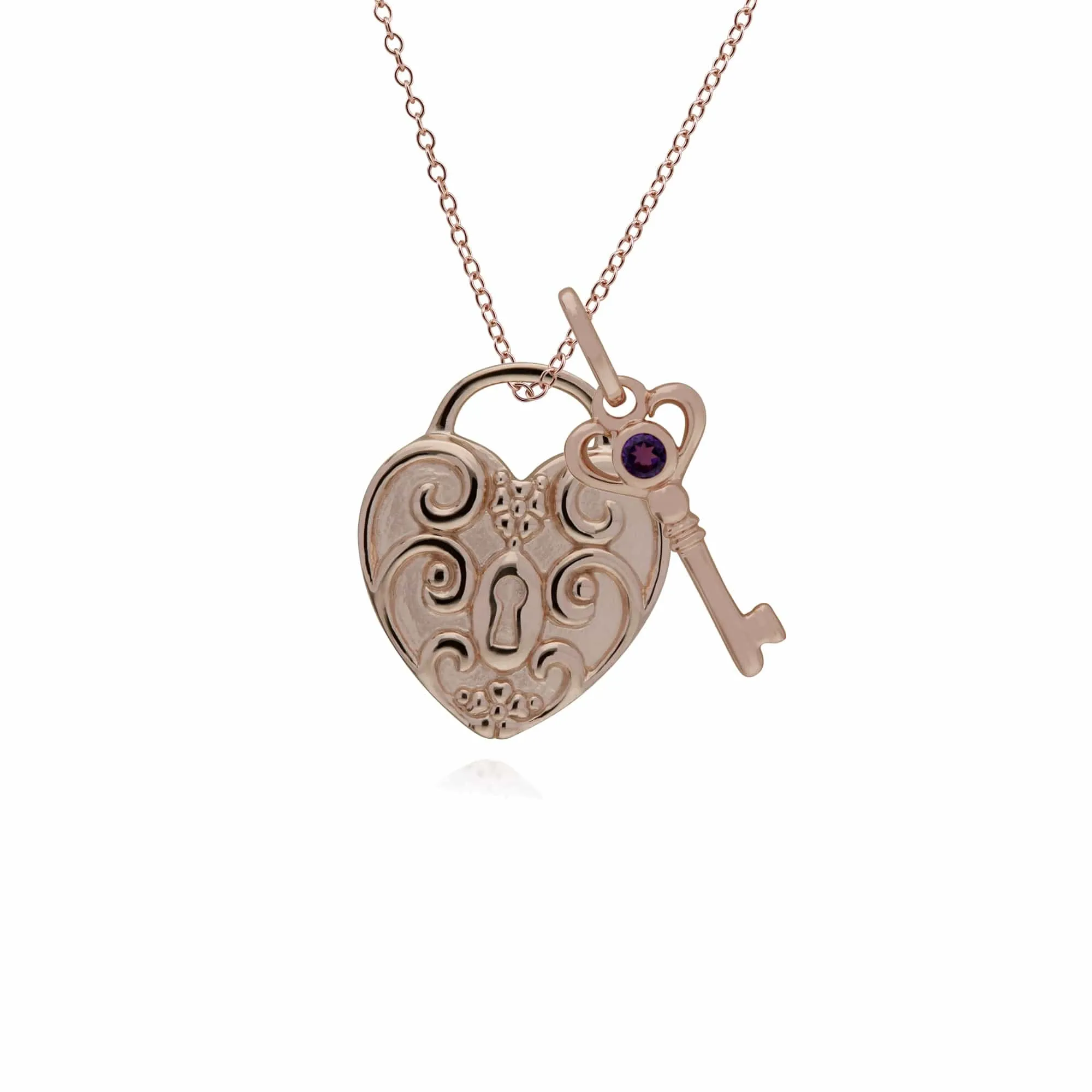 Classic Swirl Heart Lock Pendant & Amethyst Key Charm in Rose Gold Plated 925 Sterling Silver sold by Gemondo Jewellery