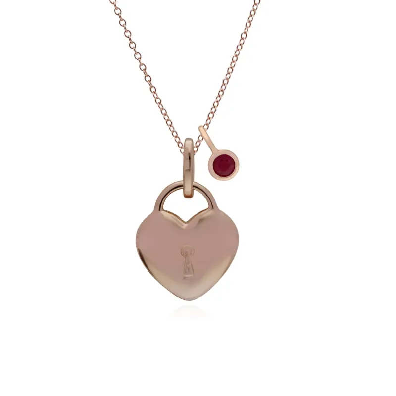 Classic Heart Lock Pendant & Ruby Charm in Rose Gold Plated 925 Sterling Silver sold by Gemondo Jewellery