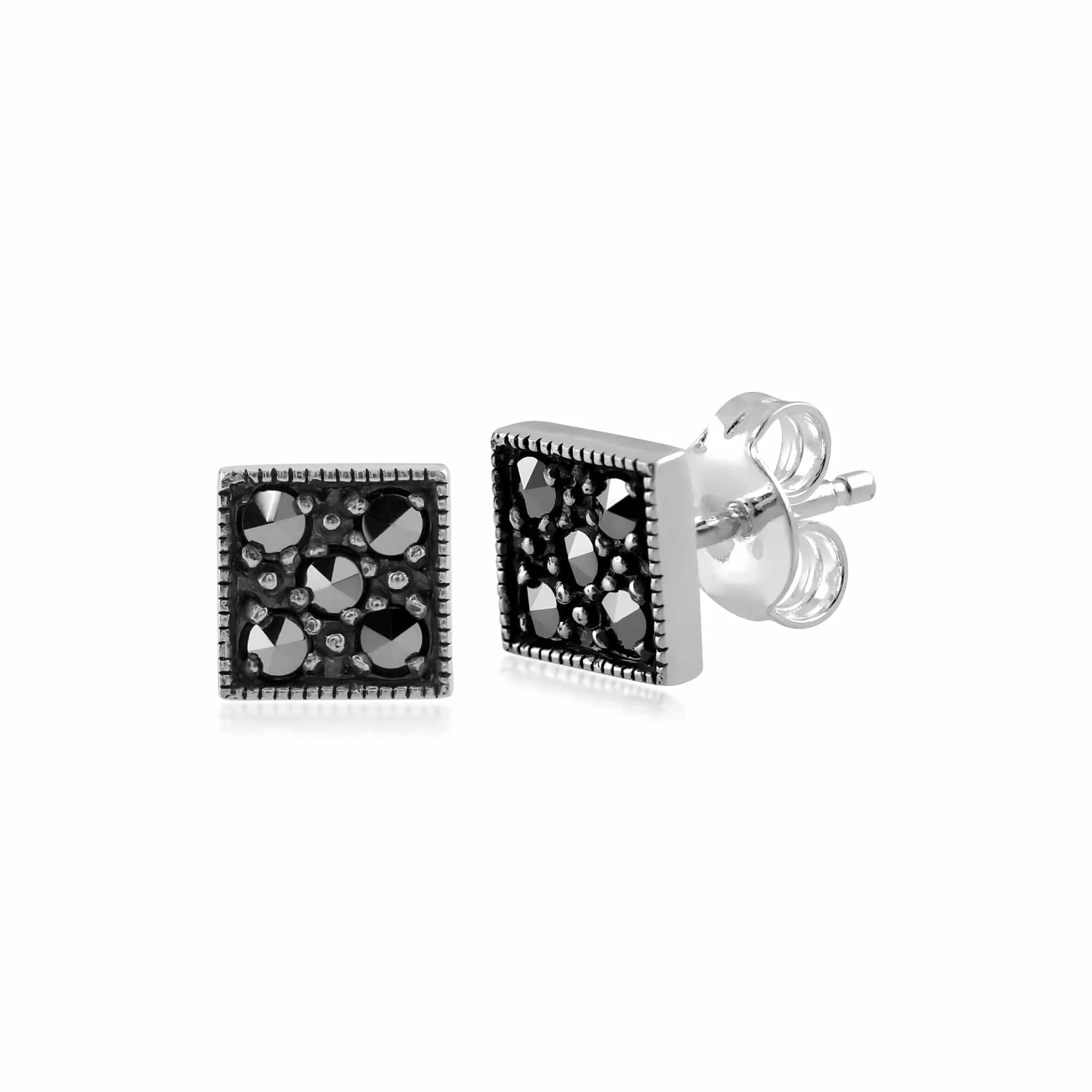 Art Deco Style Round Marcasite Stud Earrings in 925 Sterling Silver sold by Gemondo Jewellery