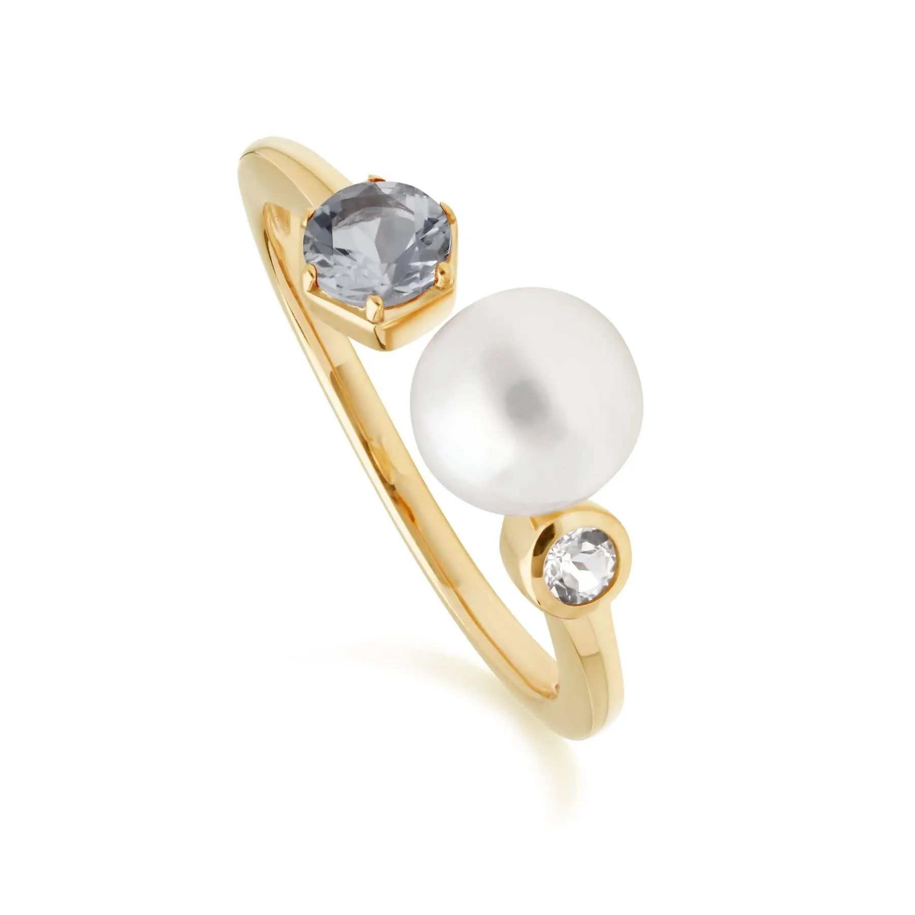 Modern Pearl, Aquamarine & Topaz Open Ring in Gold Plated Silver sold by Gemondo Jewellery