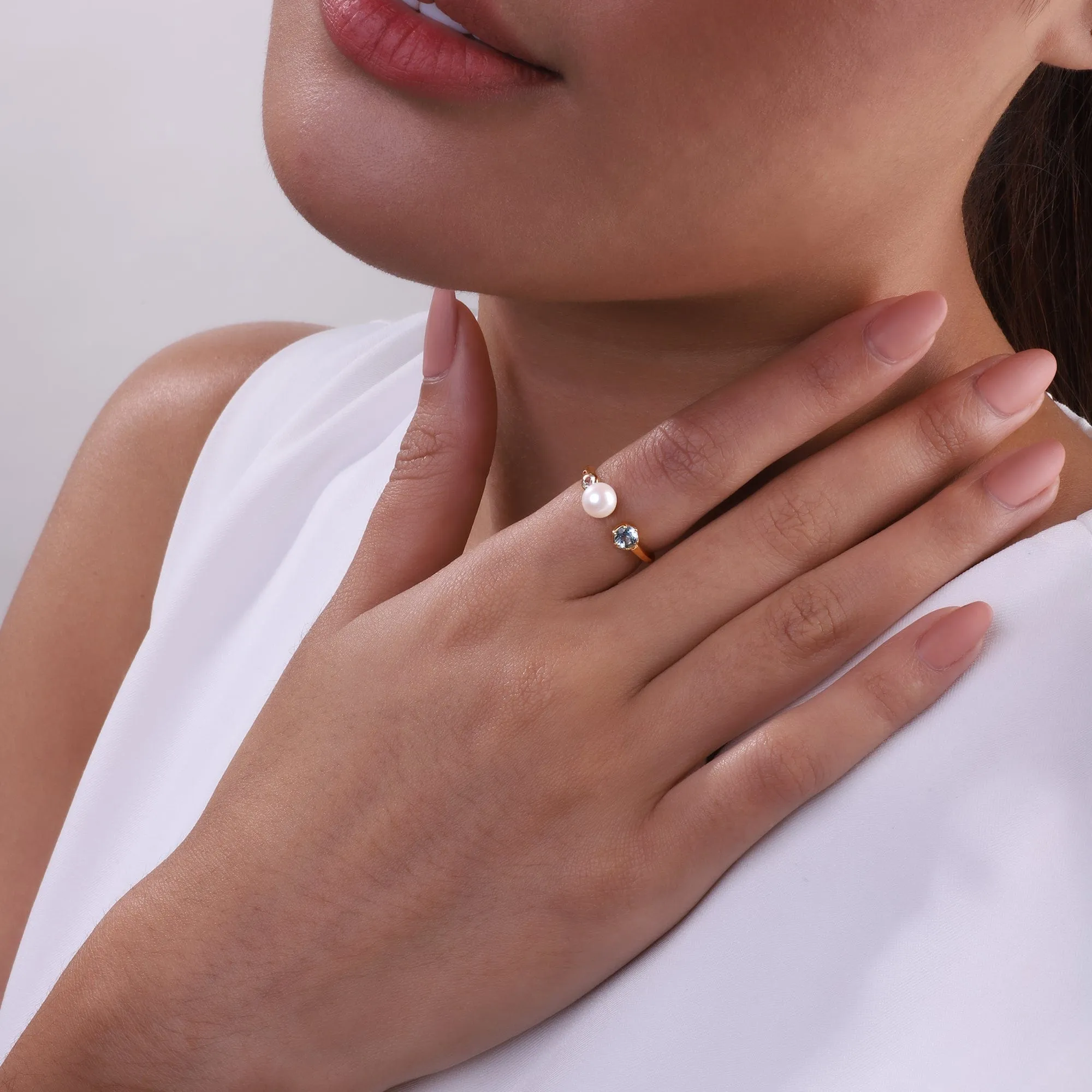 Modern Pearl, Aquamarine & Topaz Open Ring in Gold Plated Silver sold by Gemondo Jewellery product image thumbnail 2