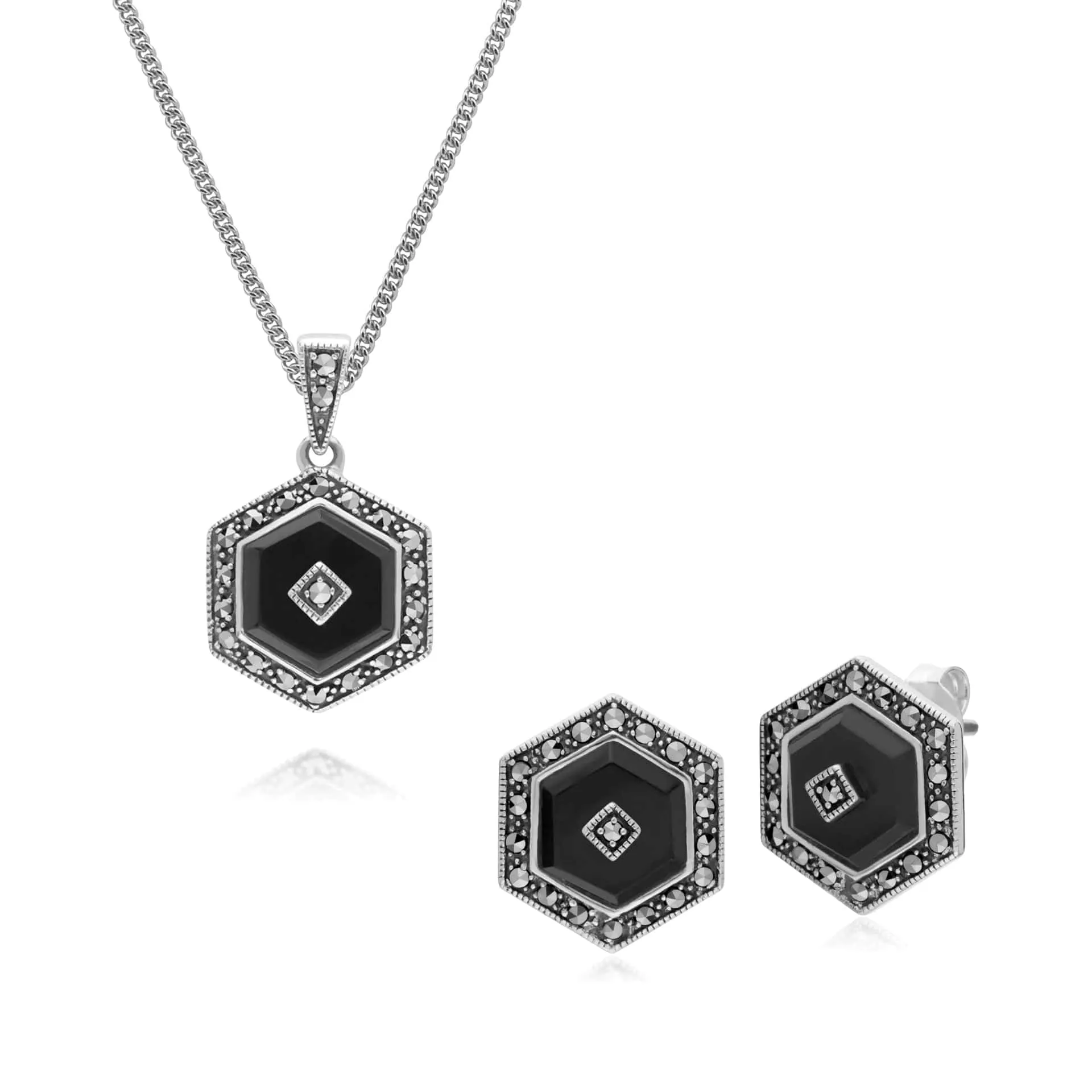 Art Deco Style Black Onyx and Marcasite Hexagon Stud Earrings & Pendant Set in 925 Sterling Silver sold by Gemondo Jewellery