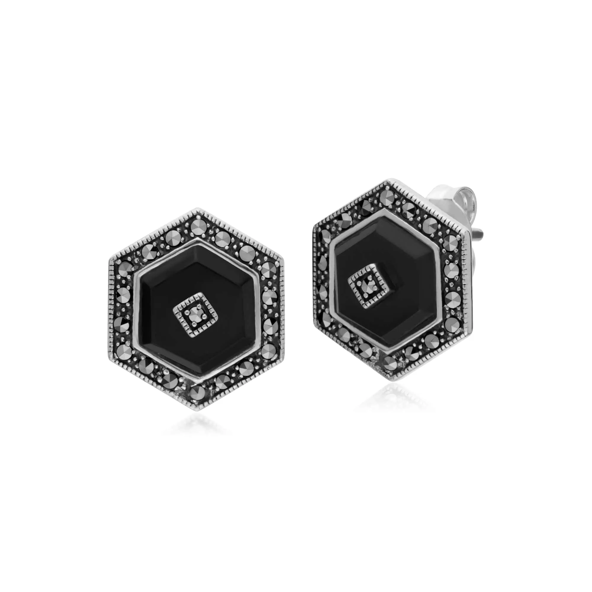 Art Deco Style Black Onyx and Marcasite Hexagon Stud Earrings & Pendant Set in 925 Sterling Silver sold by Gemondo Jewellery product image thumbnail 2