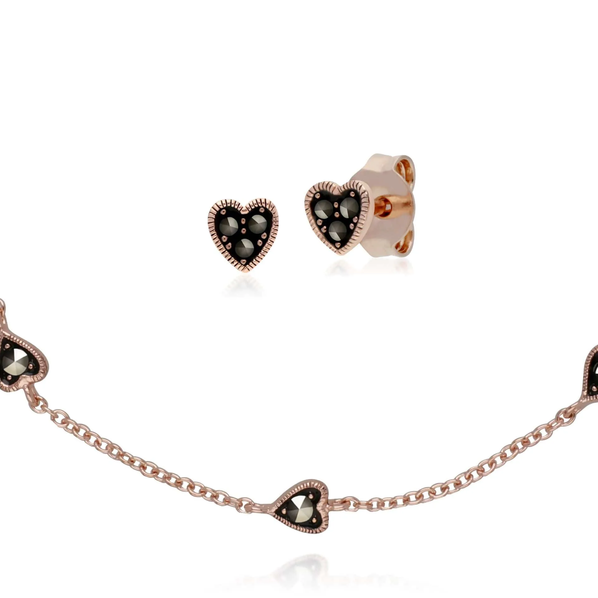 Rose Gold Plated Marcasite Heart Stud Earrings & Small Heart Bracelet Set in 925 Sterling Silver sold by Gemondo Jewellery