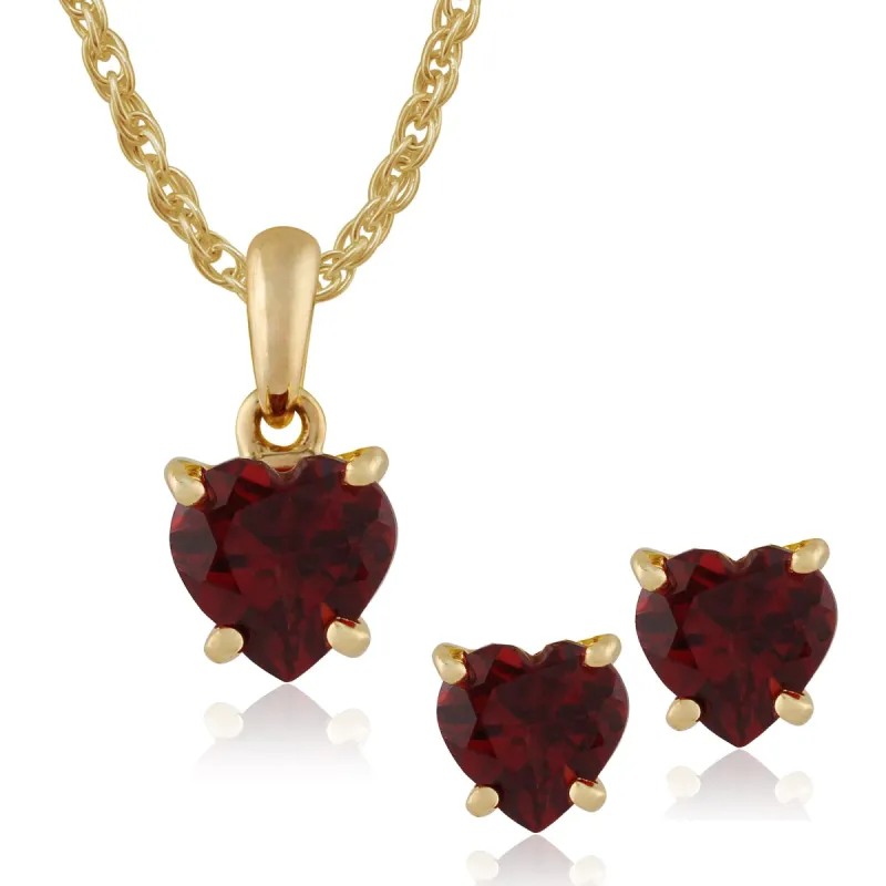 Classic Heart Garnet Single Stone Heart Stud Earrings & Pendant Set in 9ct Yellow Gold sold by Gemondo Jewellery