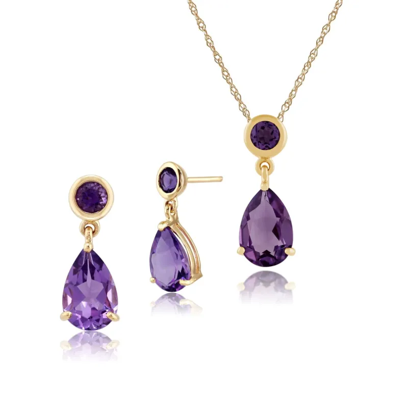 Classic Pear & Round Amethyst Drop Earrings & Pendant Set in 9ct Gold sold by Gemondo Jewellery
