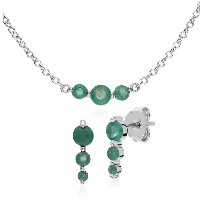 Classic Round Emerald Three Stone Earrings & Necklace Set in 925 Sterling Silver sold by Gemondo Jewellery