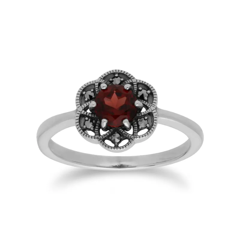 Floral Round Garnet & Marcasite Daisy Ring in 925 Sterling Silver sold by Gemondo Jewellery