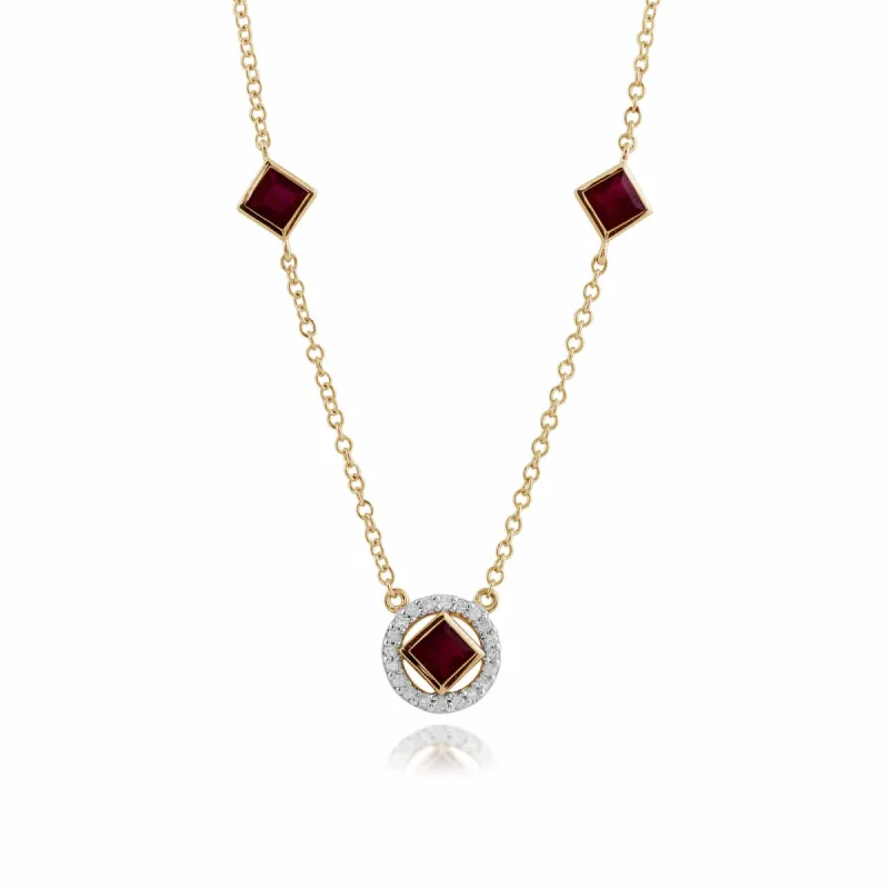 Classic Square Ruby & Diamond Halo Necklace in 9ct Yellow Gold sold by Gemondo Jewellery