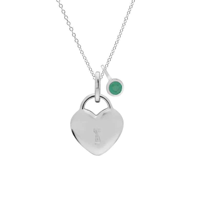 Classic Heart Lock Pendant & Emerald Charm in 925 Sterling Silver sold by Gemondo Jewellery