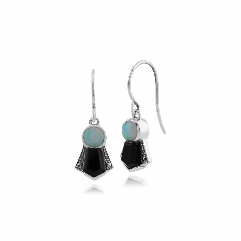 Gemondo 925 Sterling Silver Art Deco Black Onyx, Opal & Marcasite Drop Earrings sold by Gemondo Jewellery