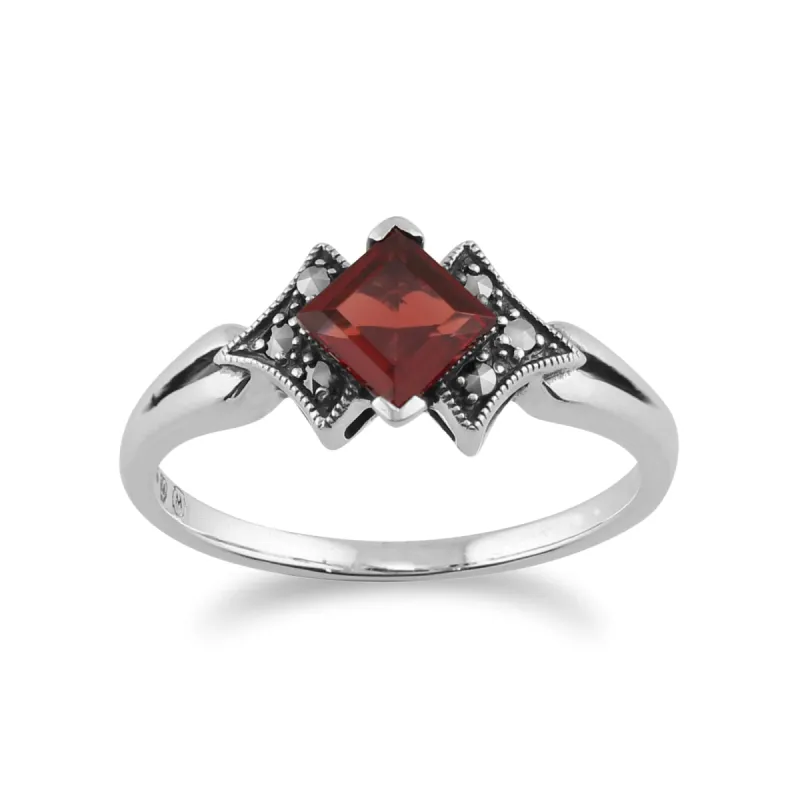 Art Deco Style Square Garnet & Marcasite Ring in 925 Sterling Silver sold by Gemondo Jewellery