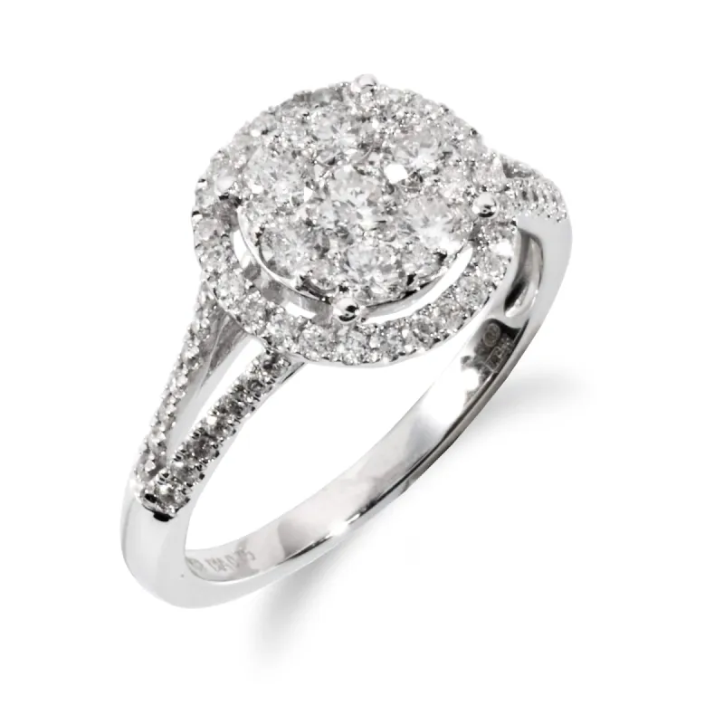 Classic Round Diamond Split Shank Halo Cluster Ring in 18ct White Gold made by Gemondo Jewellery