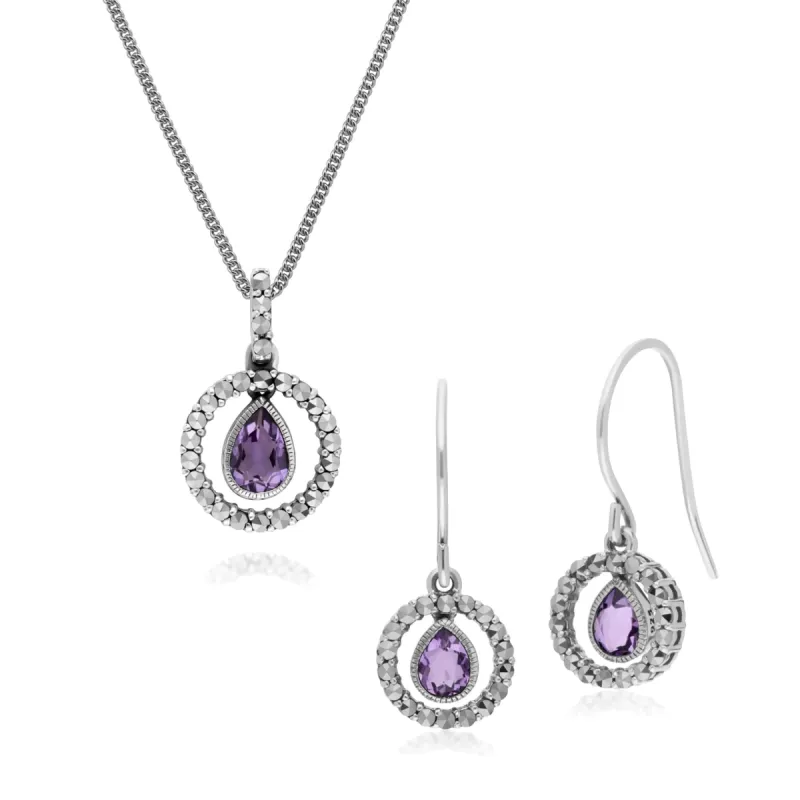Classic Tear Drop Amethyst & Marcasite Drop Earrings & 45cm Necklace Set sold by Gemondo Jewellery