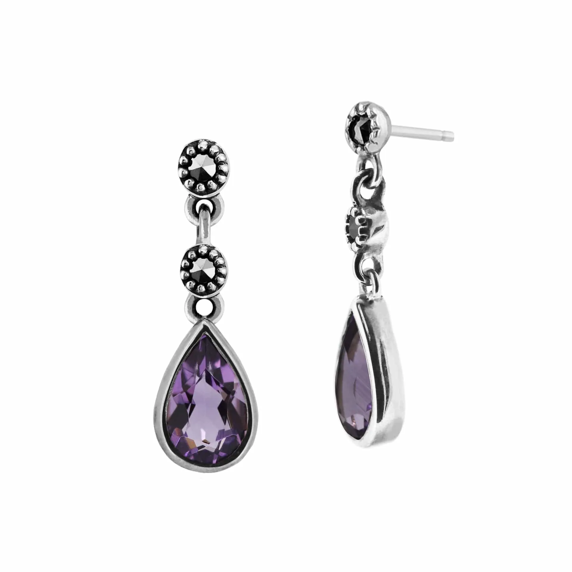 Gemondo Sterling Silver Amethyst & Marcasite Three Stone Drop Earrings sold by Gemondo Jewellery