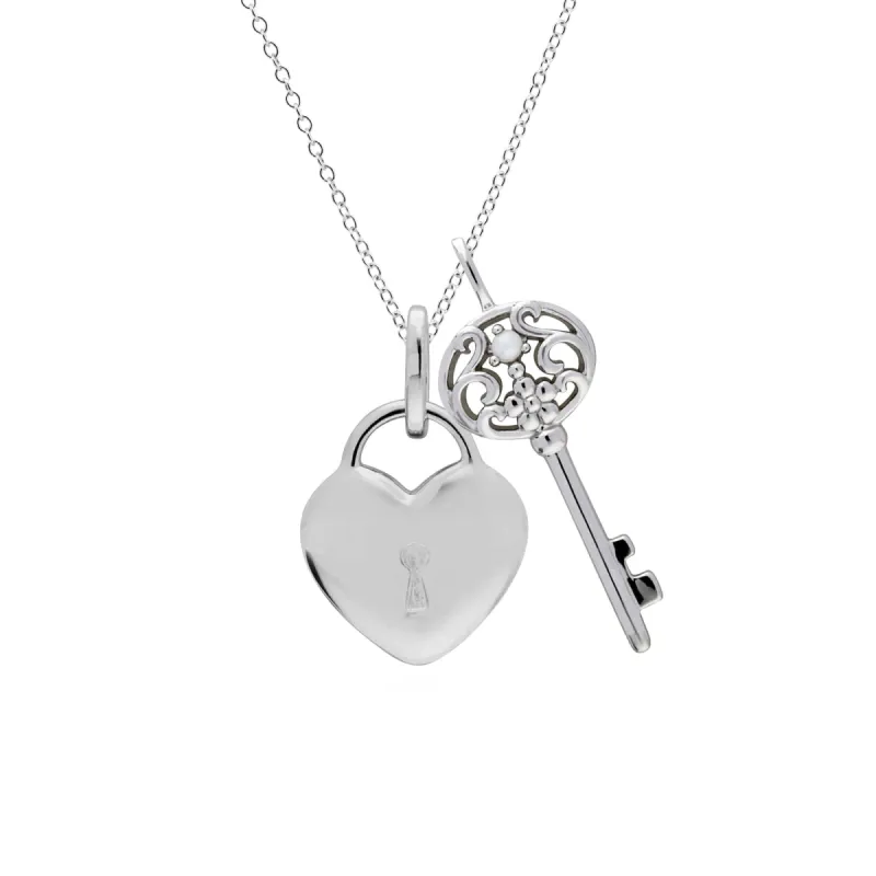 Classic Heart Lock Pendant & Pearl Big Key Charm in 925 Sterling Silver sold by Gemondo Jewellery