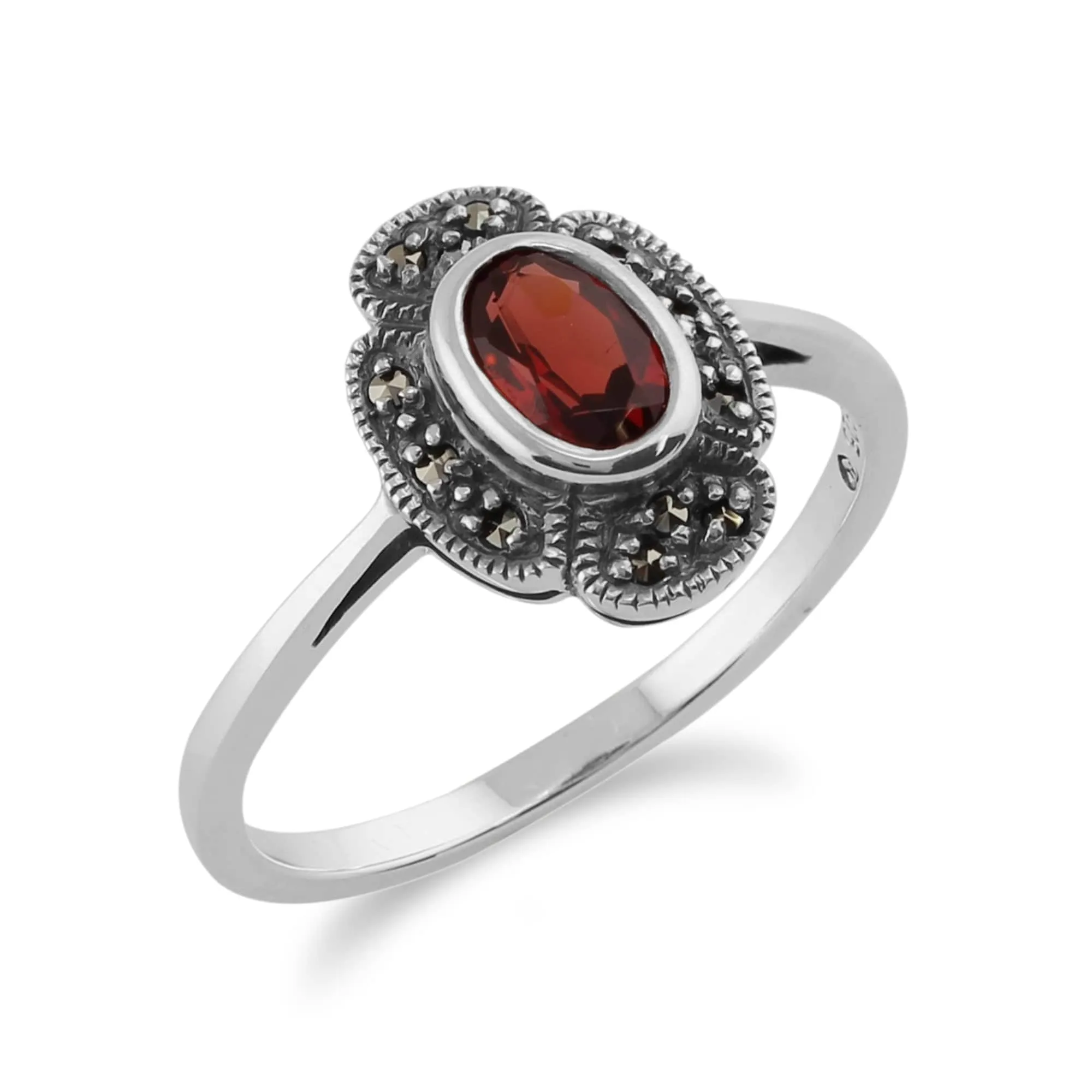 Art Deco Style Oval Garnet & Marcasite Ring in 925 Sterling Silver sold by Gemondo Jewellery product image thumbnail 2