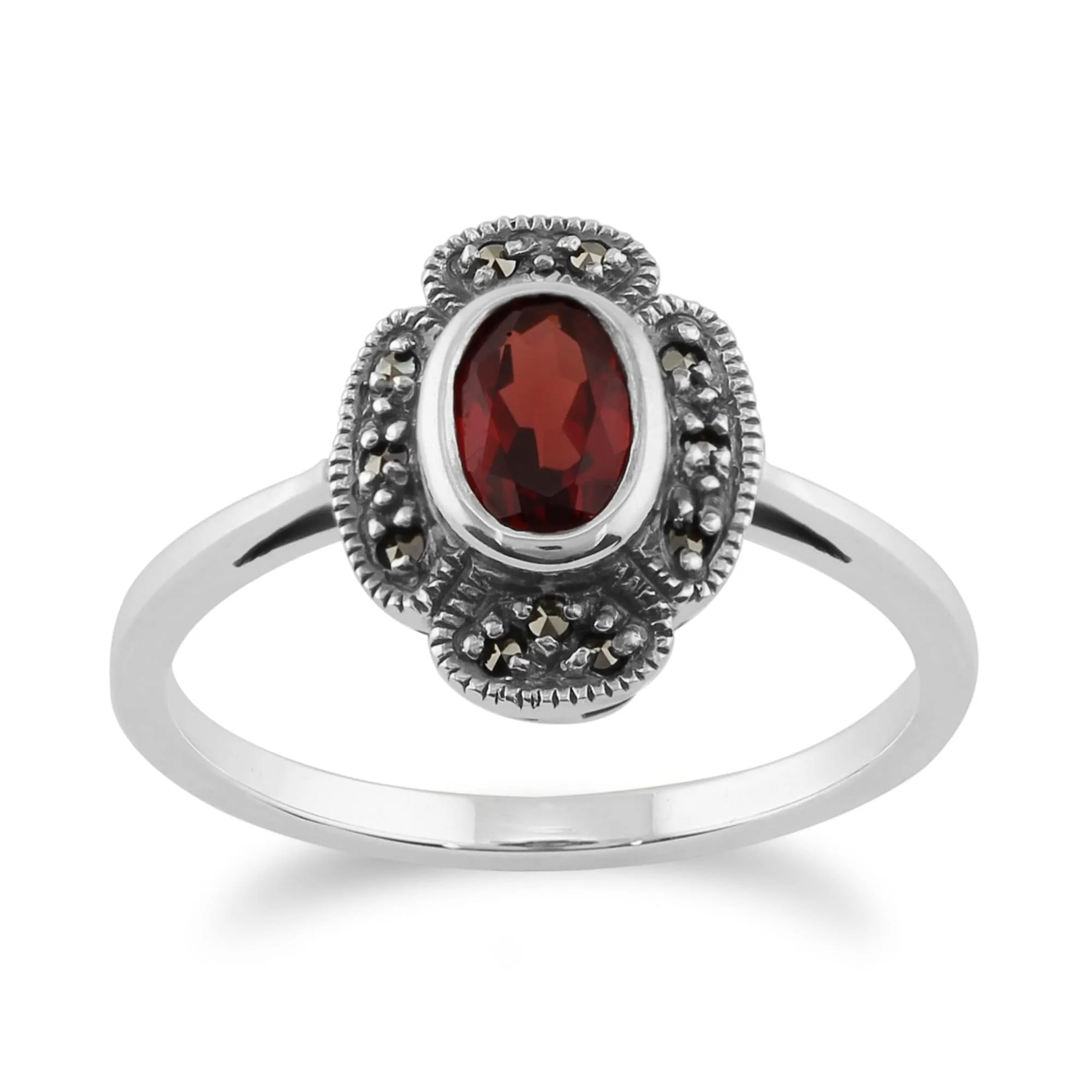 Art Deco Style Oval Garnet & Marcasite Ring in 925 Sterling Silver sold by Gemondo Jewellery