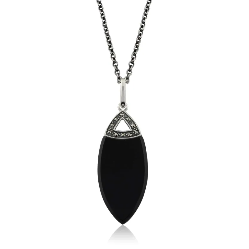 Art Deco Style Round Black Onyx & Marcasite Pendant In Sterling Silver sold by Gemondo Jewellery