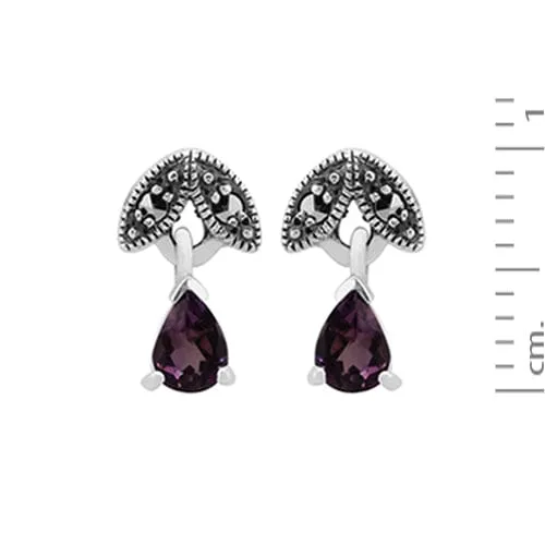 Art Nouveau Style Pear Amethyst & Marcasite Drop Earrings in 925 Sterling Silver sold by Gemondo Jewellery product image thumbnail 3