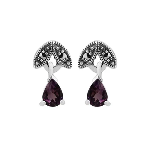 Art Nouveau Style Pear Amethyst & Marcasite Drop Earrings in 925 Sterling Silver sold by Gemondo Jewellery