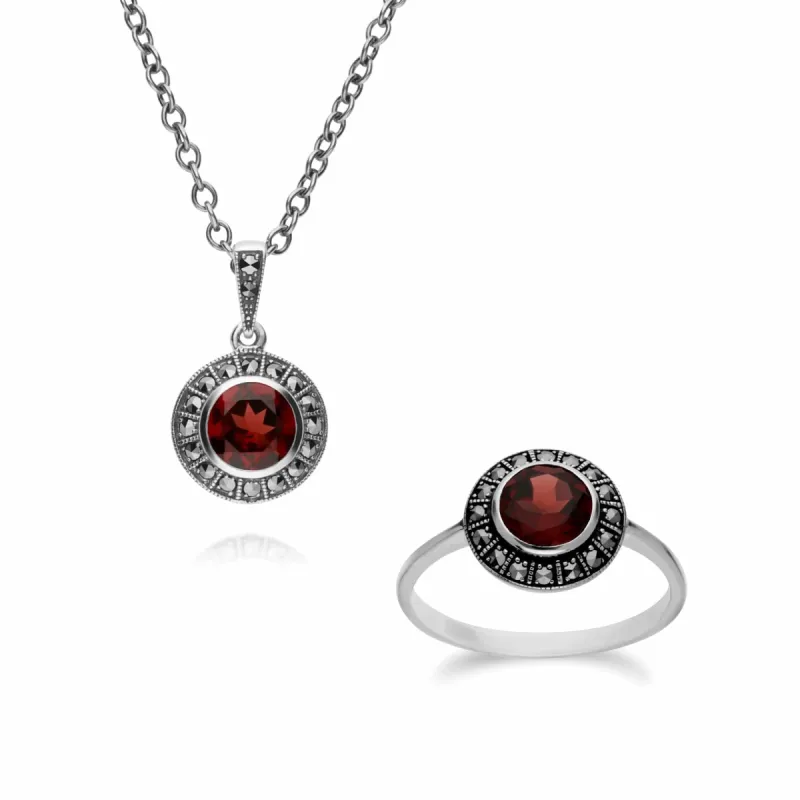 Art Deco Style Round Garnet and Marcasite Cluster Ring & Pendant Set sold by Gemondo Jewellery