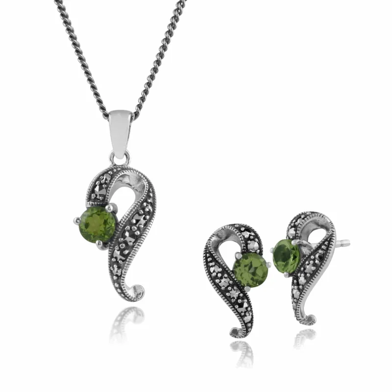 Art Nouveau Style Round Peridot & Marcasite Twisted Stud Earrings & Pendant Set in 925 Sterling Silver sold by Gemondo Jewellery