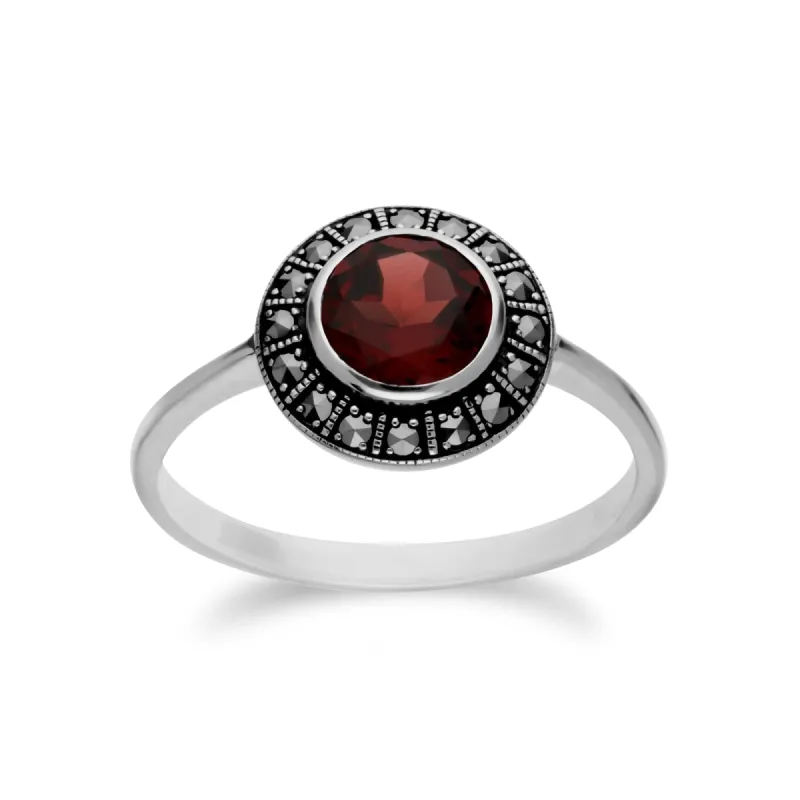 Art Deco Style Round Garnet & Marcasite Silver  Halo Ring sold by Gemondo Jewellery