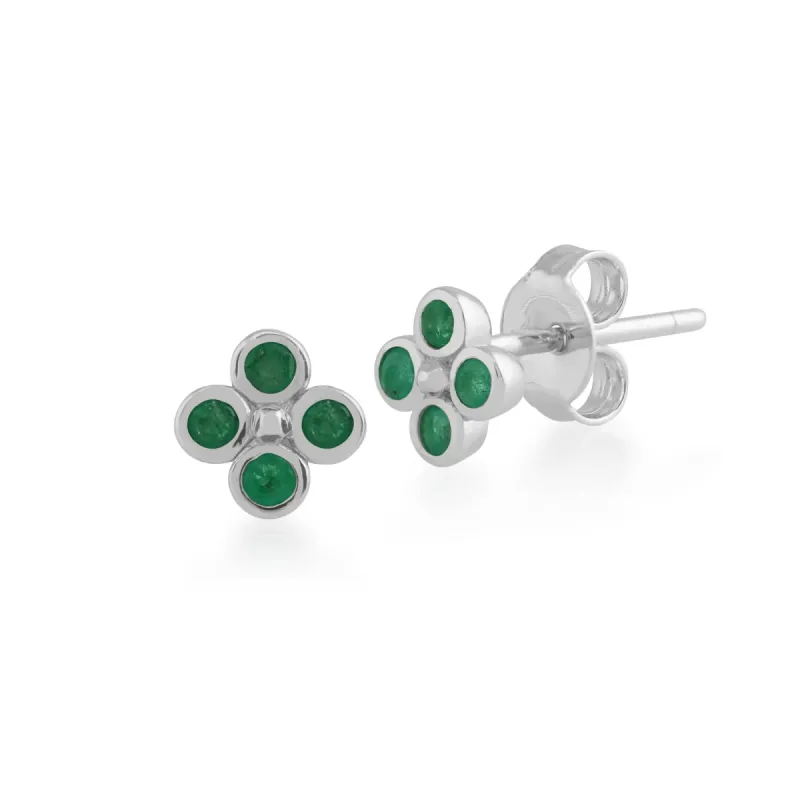 Floral Round Emerald Bezel Set Clover Stud Earrings in 925 Sterling Silver sold by Gemondo Jewellery