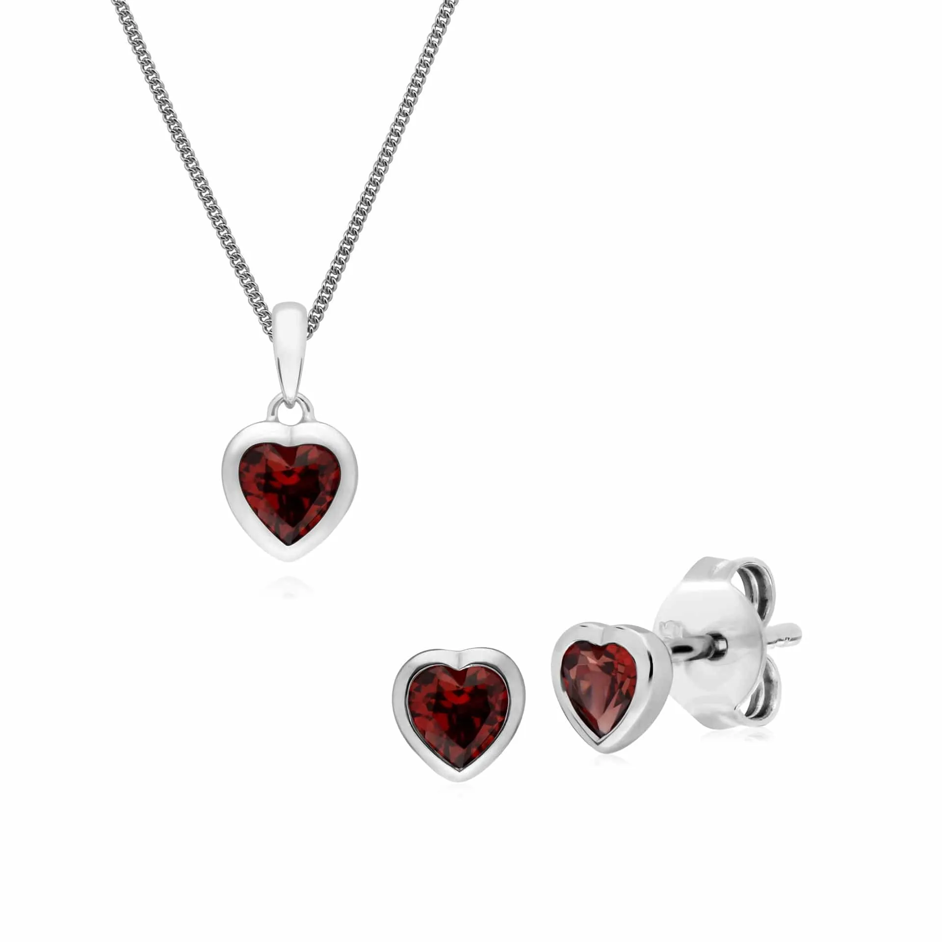 Classic Heart Garnet Stud Earrings & Pendant Set in 925 Sterling Silver sold by Gemondo Jewellery