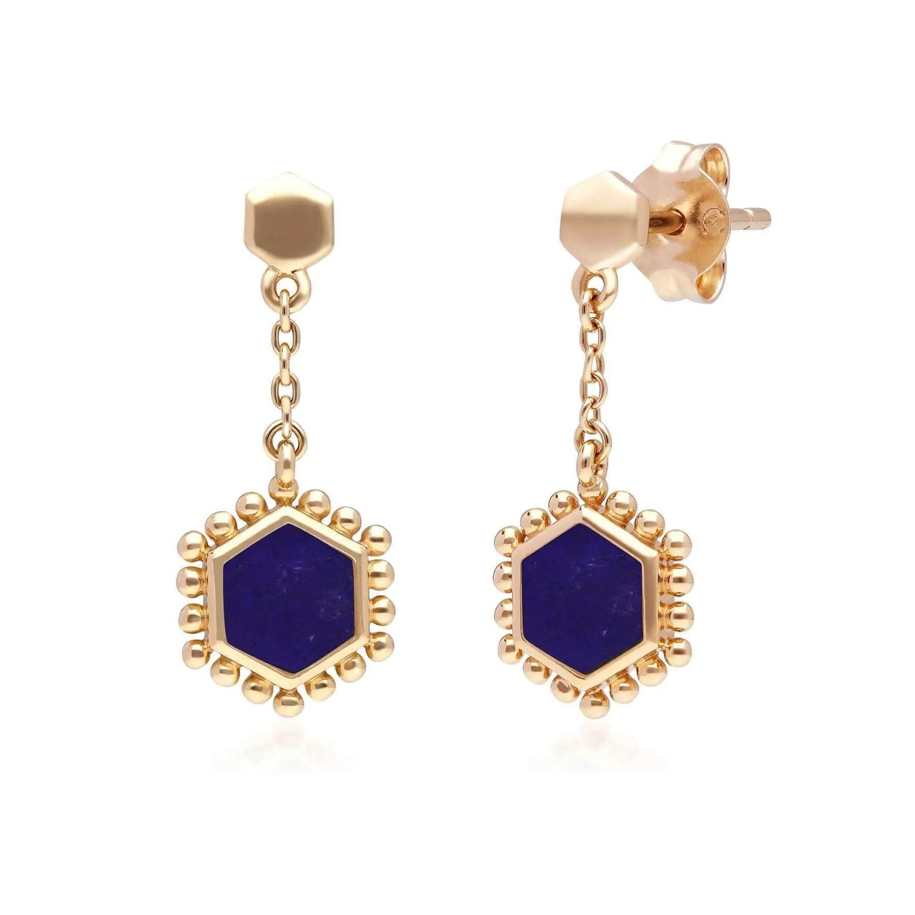 Lapis Lazuli Flat Slice Hex Drop Earrings in Gold Plated Sterling Silver sold by Gemondo Jewellery