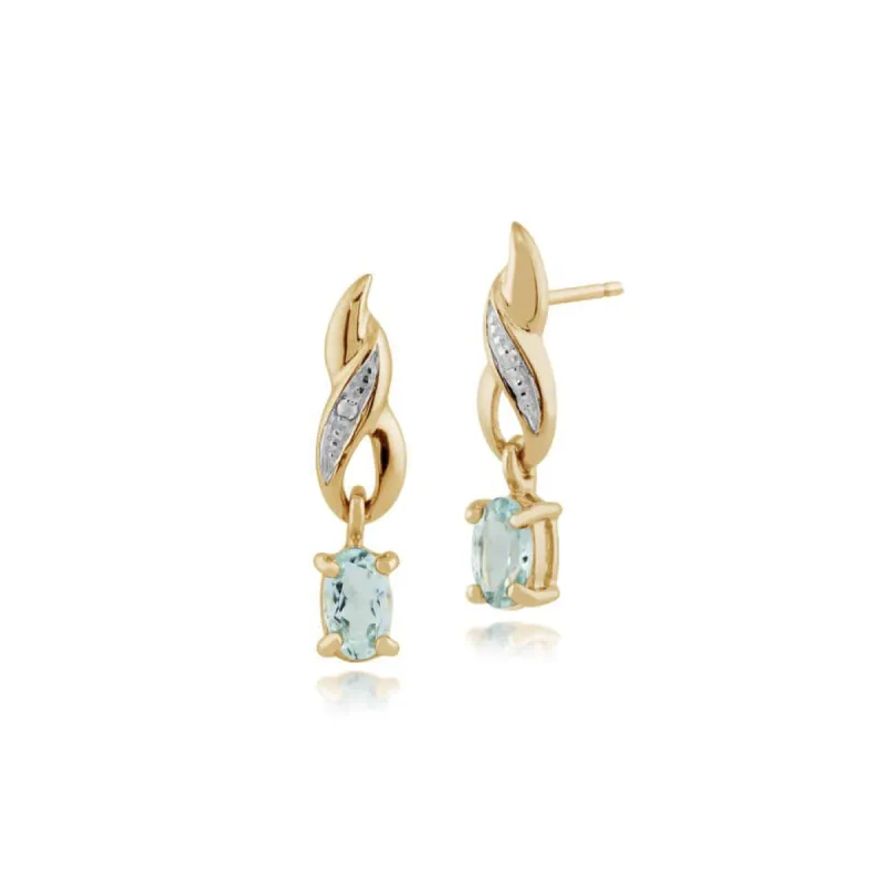 Classic Oval Aquamarine & Diamond Drop Earrings in 9ct Yellow Gold sold by Gemondo Jewellery