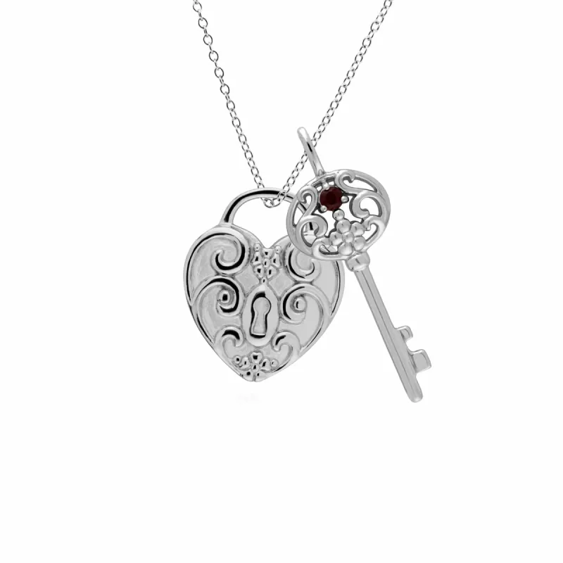 Classic Swirl Heart Lock Pendant & Garnet Big Key Charm in 925 Sterling Silver sold by Gemondo Jewellery