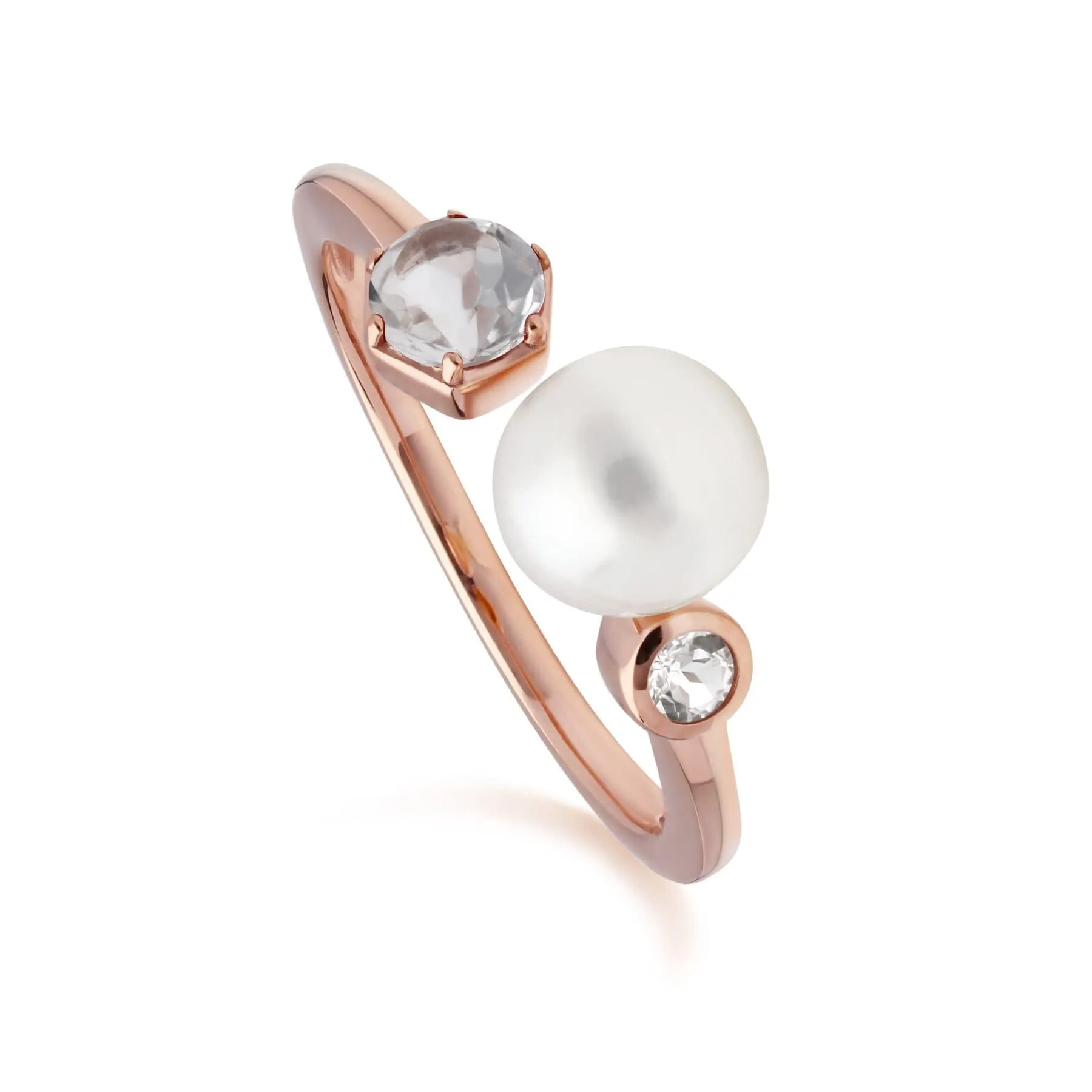 Modern Pearl & White Topaz Open Ring in Rose Gold Plated Silver sold by Gemondo Jewellery