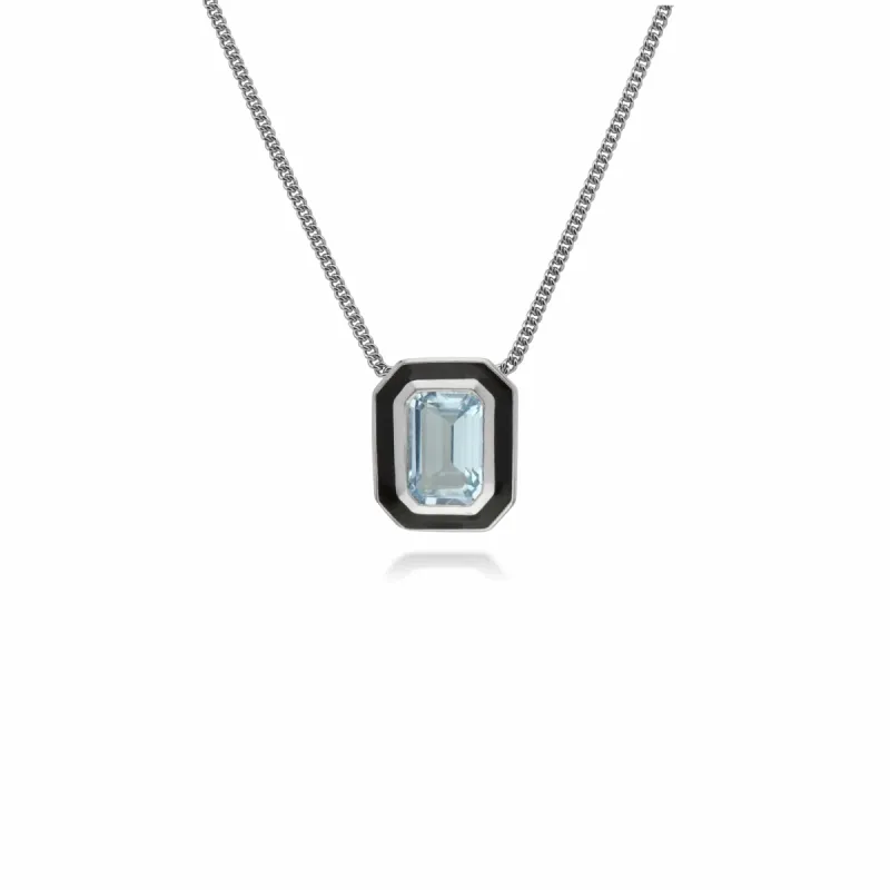 Art Deco Style Octagon Blue Topaz & Black Enamel Pendant in 925 Sterling Silver sold by Gemondo Jewellery