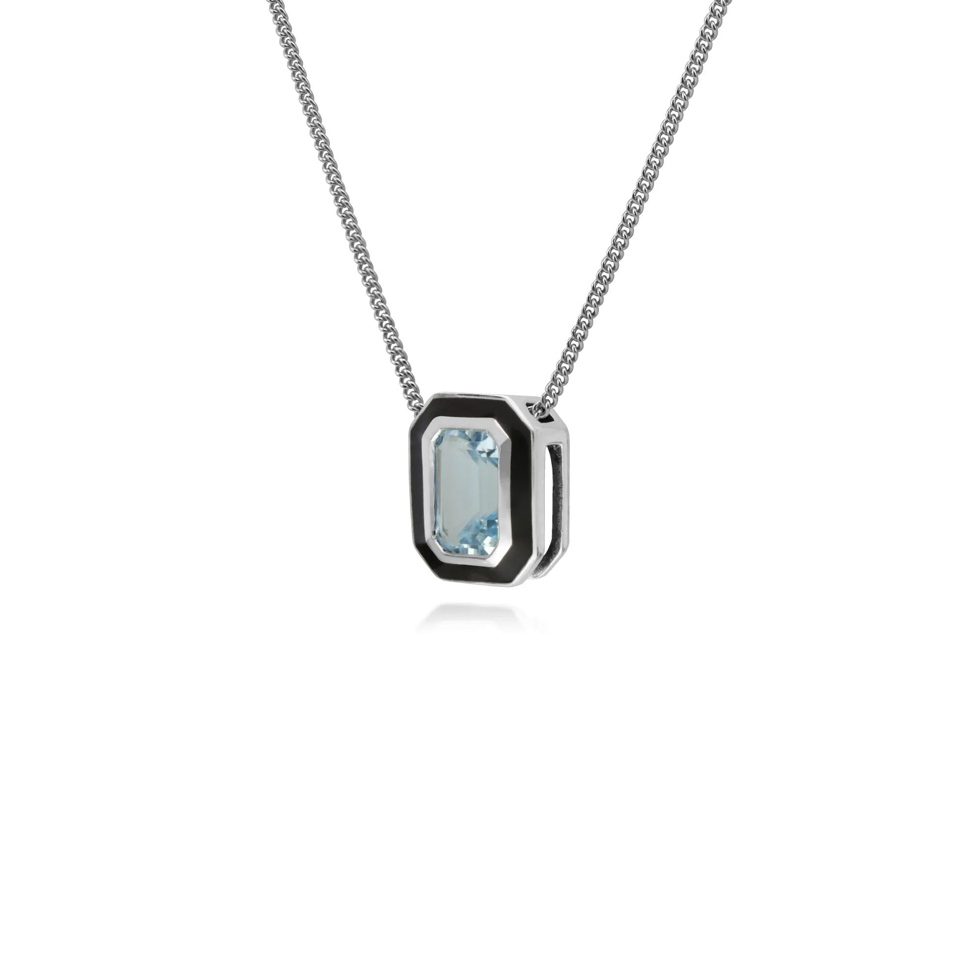 Art Deco Style Octagon Blue Topaz & Black Enamel Pendant in 925 Sterling Silver sold by Gemondo Jewellery product image thumbnail 2