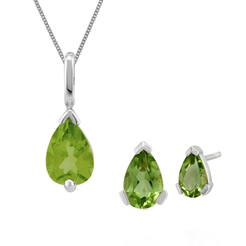 Classic Pear Peridot Single Stone Stud Earrings & Pendant Set in 9ct White Gold sold by Gemondo Jewellery