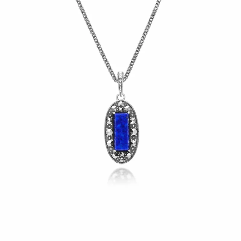 Art Deco Style Oval Lapis Lazuli and Marcasite Pendant Necklace in Sterling Silver sold by Gemondo Jewellery