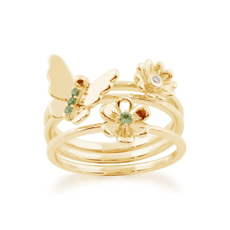 Floral Round Peridot & Diamond Butterfly and Flowers Three Stack Ring Set in 9ct Yellow Gold sold by Gemondo Jewellery