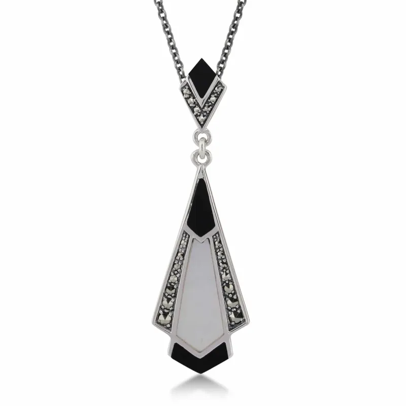 Art Deco Style Cabochon Black Onyx, Mother of Pearl & Marcasite Pendant in 925 Sterling Silver sold by Gemondo Jewellery